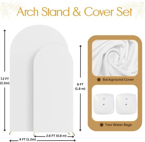 2PK (7.2 & 6 FT) Metal Arch Backdrop Stand with Cover & Water Bags | Wedding Balloon Arch Stand, for Wedding, Parties, Birthday, Baby Shower, Reusable(White Cover, 2 Pack) in Kuwait