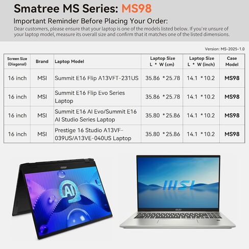 Smatree MS98 Hard Eva Protection Sleeve مع حامل متوافق مع قمة MSI 16 بوصة E16 Flipevo/Flip ، Summit E16 AI Evo/Studio ، Prestige 16 Studio/Evo/Prestige 16 ، Creator M16/Creatorpro M16 HX C14V in Kuwait