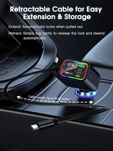Dual Retractable Car Charger USB C, 145W Fast Charging Type C Car Charger with Retractable Cable, Compatible with iPhone 16/15, Samsung S25/24/23/22, Pixel 9/8/7 - Black in Saudi Arabia