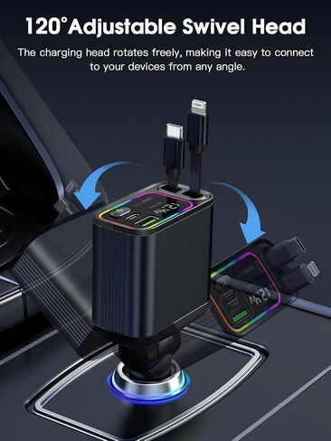 Dual Retractable Car Charger USB C, 145W Fast Charging Type C Car Charger with Retractable Cable, Compatible with iPhone 16/15, Samsung S25/24/23/22, Pixel 9/8/7 - Black in Saudi Arabia