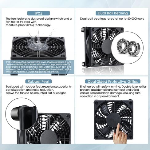 120mm IPX5 Waterproof 10-Speed Adjustable Case Fan - 5V/12V Dual Voltage USB/DC Powered - for Xbox, Router, DVR & Receivers in Kuwait