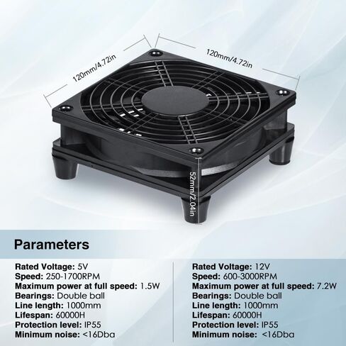 120mm IPX5 Waterproof 10-Speed Adjustable Case Fan - 5V/12V Dual Voltage USB/DC Powered - for Xbox, Router, DVR & Receivers in Kuwait