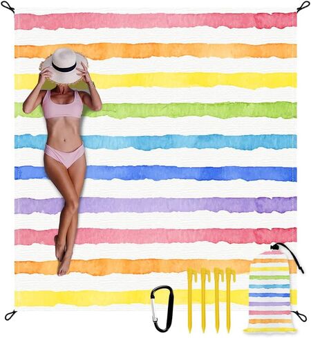 Beach Blanket Waterproof Sandproof Oversized Extra 110" * 118"/ 9 * 10 Ft Sand Free Beach Mat with Stakes, Storage Bag - Essentials for Outdoor Beach, Picnic,Quick Drying Durable in Saudi Arabia
