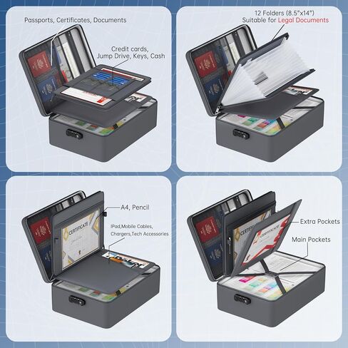 حقيبة مستندات مقاومة للحريق بسعة 5200 درجة فهرنهايت، تحتوي على جيوب كثيرة، حجم قانوني/حرف/A4، صندوق مستندات بسحاب مقاوم للماء مع قفل، منظم مستندات مهم من 4 طبقات، صندوق آمن محمول للمكتب والسفر المنزلي مقاس 17 بوصة × 12 بوصة × 5.3 بوصة in Kuwait