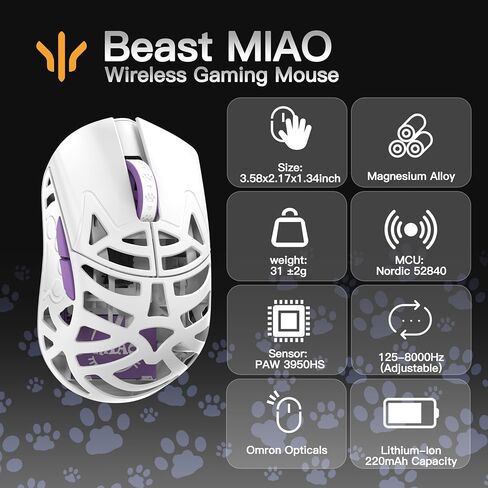 Wlmouse Beast X Miao Ultralight 31G Magnesium Alloy Mouse Mouse Mouse مع مستشعر PAW3950HS ، موضوع Cat Paw ، فأر ألعاب اليد الصغيرة مع معدل الاقتراع 8K ، مفاتيح TTC/OM (Pink (OM Switch)) in Saudi Arabia