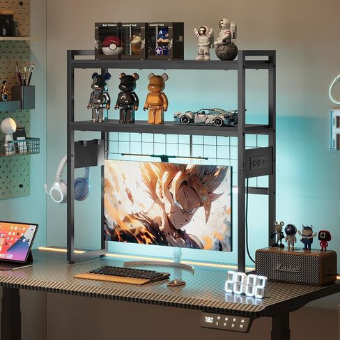 Desktop Bookcase, 2-Tier Office Desktop Organizer, 29.9" Wooden Office Storage Rack with Outlets, Display Shelf Rack with Light Strip, Desk Hutch for Office, Rustic Brown BF11UDSJ01 in Saudi Arabia