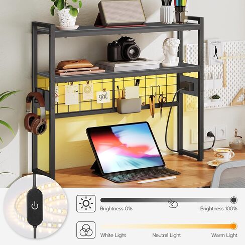 Desktop Bookcase, 2-Tier Office Desktop Organizer, 29.9" Wooden Office Storage Rack with Outlets, Display Shelf Rack with Light Strip, Desk Hutch for Office, Rustic Brown BF11UDSJ01 in Saudi Arabia