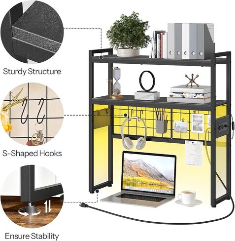 Desktop Bookcase, 2-Tier Office Desktop Organizer, 29.9" Wooden Office Storage Rack with Outlets, Display Shelf Rack with Light Strip, Desk Hutch for Office, Rustic Brown BF11UDSJ01 in Saudi Arabia