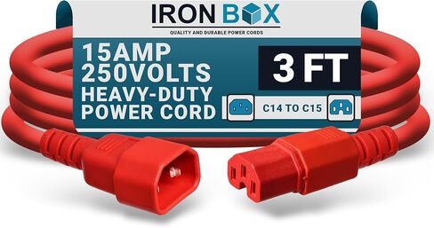 Ironbox Electric C14 to C15 سلك الطاقة - 15A/250V ، 14/3 AWG SJT - سلك ثقيل - UL ملحق كابل الطاقة IEC مدرج - كابلات الطائر للكمبيوتر ، الخادم ، سطح المكتب ، مكبر صوت وأكثر (3 أقدام ، أحمر) in Kuwait