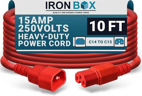 Ironbox Electric C14 to C15 سلك الطاقة - 15A/250V ، 14/3 AWG SJT - سلك ثقيل - UL ملحق كابل الطاقة IEC مدرج - كابلات الطائر للكمبيوتر ، الخادم ، سطح المكتب ، مكبر صوت وأكثر (3 أقدام ، أحمر) in Kuwait