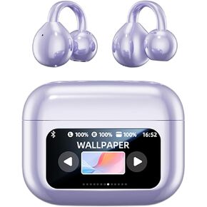 Clip-on Earbuds, Open Ear Earbuds with LCD Touchscreen Wireless Bluetooth 5.4, Lightweight M100 Open Ear Headphones with C-Shaped Bridge, Slim Hook,48H Battery, for Sports, Fitness (Purple)