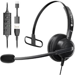 USB Headset with Microphone for PC, for Call Center Home Office (USB A & USB C)