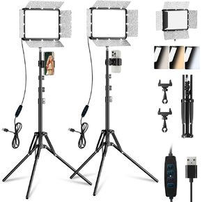 2-Pack LED Video Light Kit, EMART Studio Light with Phone Holder& Light Barndoor, Upgrade 2800-7000K Dimmable Photography Lighting for Video Recording, 60'' Tripod for Streaming, YouTube, Make Up