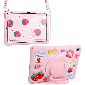 Vofuoe for iPad A16 Case Generation 2025 ، لجيل iPad العاشر Case 10.9 2022 Kids With With Screens Counter Straps Stand Sweet Strawberry Cake Cake Soft Silicone Bink