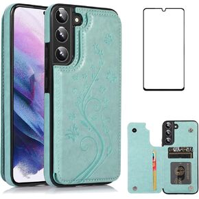 Asuwish Case for Samsung Galaxy S22 5G with Tempered Glass Screen Protector， Flip Wallet Cases Leather Stand with Card Holder，Double Magnetic Clasp and Durable Shockproof Cover Glaxay S22 (Green)