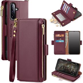 Antsturdy Compatible with Samsung Galaxy A36 5G/A56 5G Case Wallet with Card Holder Women Men Phone Case RFID Blocking PU Leather Flip Shockproof Cover Wrist Strap Zipper Credit Card Slots,Wine Red