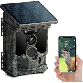 Voopeak Trail Camera تعمل بالطاقة الشمسية 46 ميجابكسل 4K 30 إطارًا في الثانية ، وكاميرا لعبة WiFi Bluetooth مع حركة واسعة 120 درجة يتم تنشيطها مع رؤية ليلية 0.1S وقت مضاد للماء IP66 لمراقبة الحياة البرية