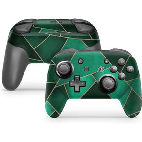 ZOOMHITSKINS Glitter Switch Pro Controller Skin, Compatible for Switch Controller Skin, Golden Emerault Graphic Mint Green Line Gold, 3M Vinyl Cover, Durable & Fit, Easy to Install, Made in The USA
