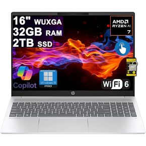 HP OmniBook 5 AI PC Laptop 16" WUXGA IPS Touch AMD 8-core Ryzen AI 7 350 (Up to 50 Tops) 32GB RAM 1TB SSD for Creator Designer Business Professional Backlit Wi-Fi 6 Win11Pro ICP Hub/Copilot+ AI PC