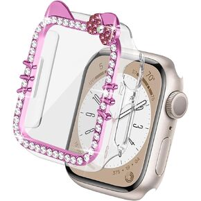 Watbro Cartoon Bow Cat Bling Case for Apple Watch Series 10 46mm with Tempered Glass Screen Protector,Crystal Diamond Full Cover Protective Case for Iwatch S10 46mm Accessories