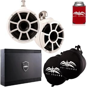 Wet Sounds White REV 10 Swivel Clamp Tower Speakers with Wet Sounds SD2 1250 Watt Amplifier & Suitz Speaker Covers