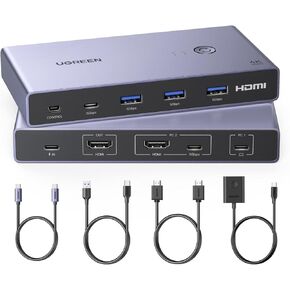 Ugreen USB-C+HDMI KVM Switch 1 شاشة 2 أجهزة كمبيوتر مع 4 منافذ USB 3.0 4K@60Hz الألومنيوم للحصول على جهاز كمبيوتر محمول واحد و 1 سطح مكتب مشاركة طابعة لوحة مفاتيح واحدة مع كابل HDMI+2 Type-C كابلات
