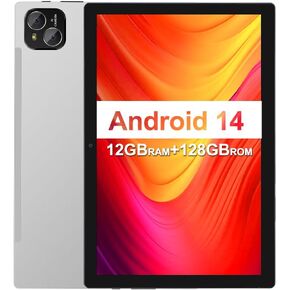 Tablet, 10 inch Android 14 Tablet, Octa-Core Processor, 12GB RAM + 128GB ROM, 1280x800 HD IPS Touchscreen, 6000mAh Battery, 2.4G/5G WiFi 6, BT 5.4, Dual Camera, Metal Body, Sliver