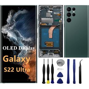 OLED Galaxy S22 Ultra Screen Replacement for Samsung S22ultra 5G Display Touch Screen Digitizer Assembly S908U S908U1 S908E LCD Support Fingerprint and S-Pen (with Black Frame+Back Cover+Tools)