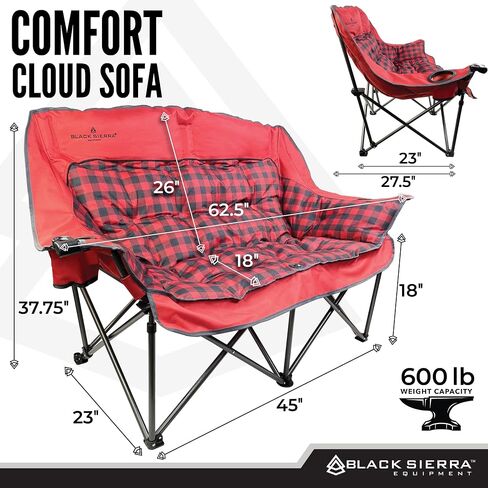 Black Sierra Double Loveseat Comfort Camping Couch, Oversized Folding Chair for Adults, 600‑lb Capacity, Plush Padded Heavy Duty Outdoor Seat with Cup Holders & Carry Bag for Beach, RV in Kuwait