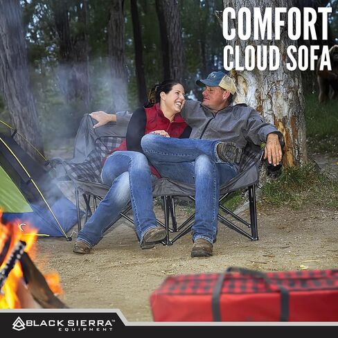 Black Sierra Double Loveseat Comfort Camping Couch, Oversized Folding Chair for Adults, 600‑lb Capacity, Plush Padded Heavy Duty Outdoor Seat with Cup Holders & Carry Bag for Beach, RV in Kuwait