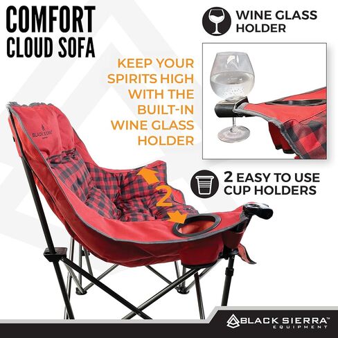 Black Sierra Double Loveseat Comfort Camping Couch, Oversized Folding Chair for Adults, 600‑lb Capacity, Plush Padded Heavy Duty Outdoor Seat with Cup Holders & Carry Bag for Beach, RV in Kuwait