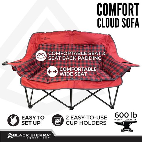 Black Sierra Double Loveseat Comfort Camping Couch, Oversized Folding Chair for Adults, 600‑lb Capacity, Plush Padded Heavy Duty Outdoor Seat with Cup Holders & Carry Bag for Beach, RV in Kuwait