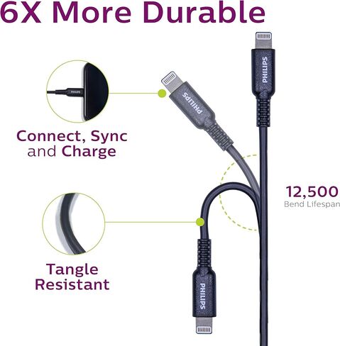 كبل شحن Philips USB مع موصل Lightning ، سلك طوله 4 أقدام ، معتمد من Apple MFI ، مع معتمدة مع Apple iPhone XS/XS/XR/X/8 Plus/8/7 Plus/7/SE ، iPad ، iPad Mini ، iPad Air ، Black ، DLC4104V/37 in Kuwait