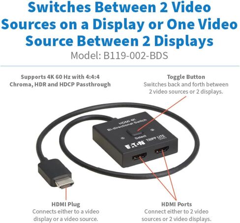 Tripp Lite Series 8K DisplayPort Switch, 2x1 Bi-Directional DisplayPort Splitter, 2 in 1 Out, Push Button Switch, No Software Needed, HDR, HDCP Passthrough, 1-Year Warranty (B119-002-BDS-DP) in Saudi Arabia