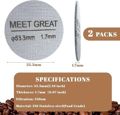 Meet Great- 2 Packs 53.3mm Espresso Puck Screen, 1.7mm Thickness 150μm 316L Stainless Steel, Upgraded Reusable Coffee Filter Screen for 54mm Breville Portafilter Filter Basket in Saudi Arabia