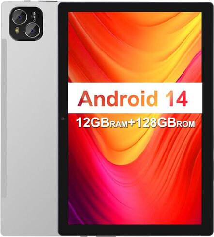 Tablet, 10 inch Android 14 Tablet, Octa-Core Processor, 12GB RAM + 128GB ROM, 1280x800 HD IPS Touchscreen, 6000mAh Battery, 2.4G/5G WiFi 6, BT 5.4, Dual Camera, Metal Body, Sliver in Saudi Arabia