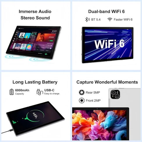 Tablet, 10 inch Android 14 Tablet, Octa-Core Processor, 12GB RAM + 128GB ROM, 1280x800 HD IPS Touchscreen, 6000mAh Battery, 2.4G/5G WiFi 6, BT 5.4, Dual Camera, Metal Body, Sliver in Saudi Arabia