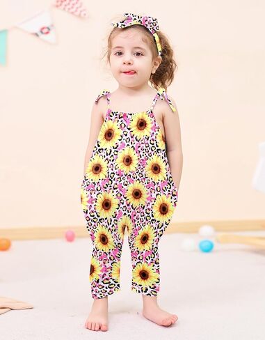Toddler Baby Girls Romper Sleeveless Jumpsuit Summer Clothes Adjustable Tie-Up Strap with Pocket Headband 1-5T in Kuwait