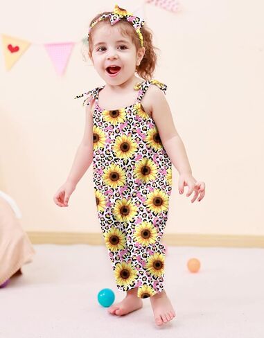 Toddler Baby Girls Romper Sleeveless Jumpsuit Summer Clothes Adjustable Tie-Up Strap with Pocket Headband 1-5T in Kuwait