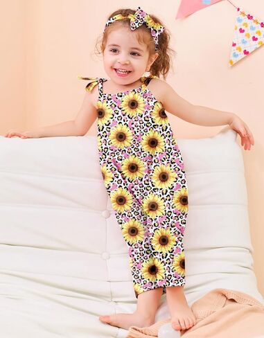 Toddler Baby Girls Romper Sleeveless Jumpsuit Summer Clothes Adjustable Tie-Up Strap with Pocket Headband 1-5T in Kuwait