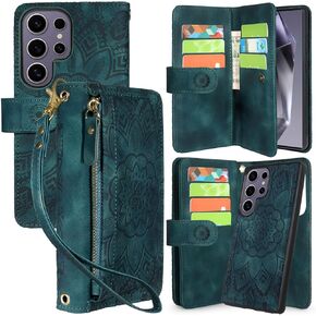 Harryshell متوافق مع Samsung Galaxy S25 Ultra Wallet قابلة للفصل علبة الهاتف المغناطيسي الشحن اللاسلكي [حظر RFID] ، حزام معصم جيب السحاب 6.9 "(زهري أزرق أخضر)