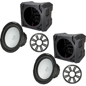 KICKER Two 45KM104 10" Marine Subwoofers 4-Ohm Charcoal LED Grill with SSV Universal Marine Sub Box Enclosures