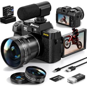 Digital Cameras for Photography & 4K Video, 48 MP Vlogging Camera for YouTube with 180° Flip Screen,16X Digital Zoom,Flash & Autofocus,52mm Wide Angle & Macro Lens,2 Batteries,32GB SD Card