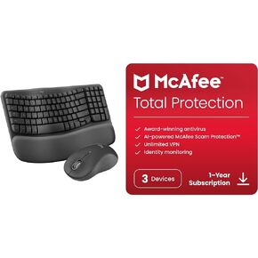 Logitech Wave Keys MK670 COMBO ، لوحة مفاتيح مريحة لاسلكية مع توقيع M550 L الماوس اللاسلكي + MCAFEE Total Protection 2024 | 3 جهاز | برنامج الأمن السيبراني