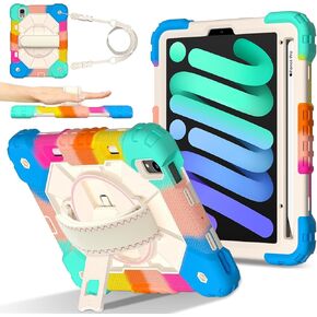 Anti-yellowing tablet cover Case Compatible with iPad Mini 7 (A17 Pro) 2024/Mini 6 Case 8.3-Inch 2021 Case with Pencil Holder, 360 Degree Rotating Multi-Function Grip Bracket+Shoulder Strap Full Prote