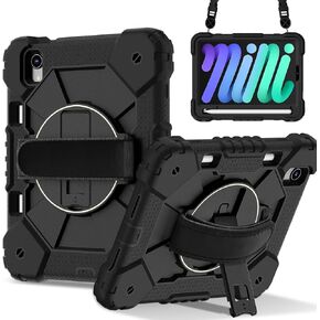 Anti-yellowing tablet cover Rugged Case Compatible with iPad Mini 7th Generation 2024,Heavy Duty Protective Cover with Adjustable Stand, Shoulder Strap & Pencil Holder | Kids-Friendly Stylus pen holde