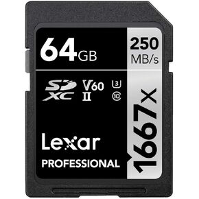 Lexar Professional 1667x SD Card 64GB, SDXC UHS-II Memory Card, Up to 250MB/s Read, Class 10, U3, V60, SD for Professional Photographer,Cameraman, Enthusiast (LSD64GCB1667)