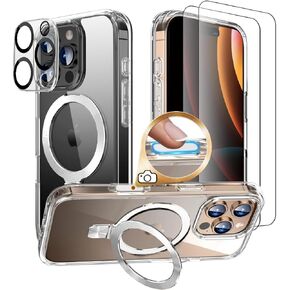 6 in 1 for iPhone 16 Pro Max Case with Stand [Compatible with Magsafe] [Anti-Yellowing] [Camera Control Button] Military-Grade Magnetic Phone Case Slim Cover for i phone16 Pro Max Case, Clear