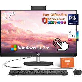 HP 27 Inch All in One Desktop Computer, FHD Touchscreen, Intel Ultra 7 155U(12-core), Intel IrisX Graphics, 64GB DDR5, 2TB SSD, Wired KB & Mouse, Windows 11 Pro, Office Lifetime License, w/Accessories