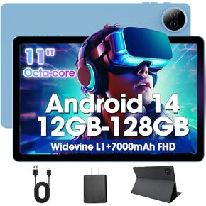 2025 Android 14 Tablet 11 inch Gaming Tablets,MediaTek Helio Octa-Core HD ISP Display Blue Android Tablet 12GB RAM+128GB Storage,Widevine L1,WiFi 6,7000mAh